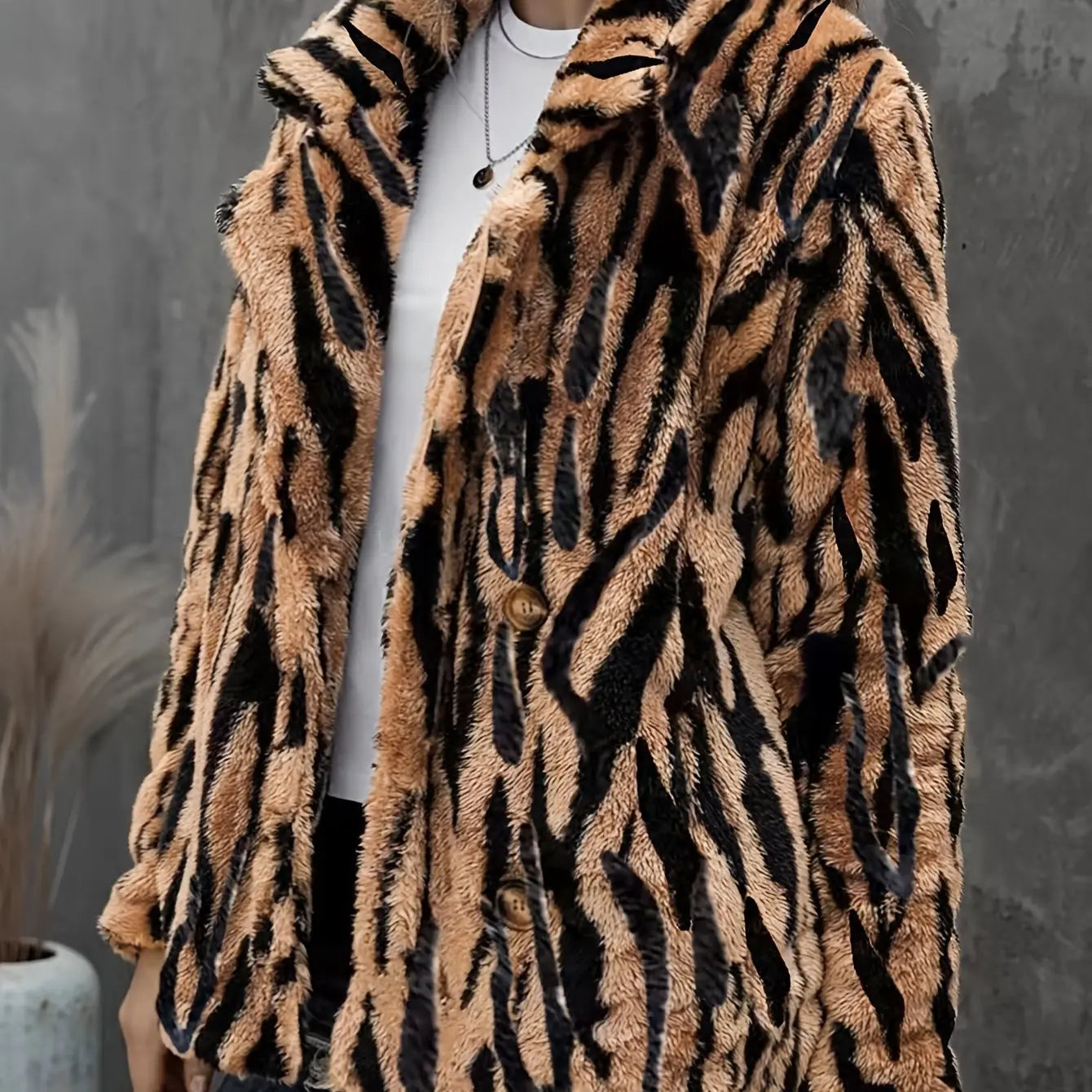 Plus Size Tiger Stripe Faux Fur Double Breasted Winter Coat Trendy Attic Store01