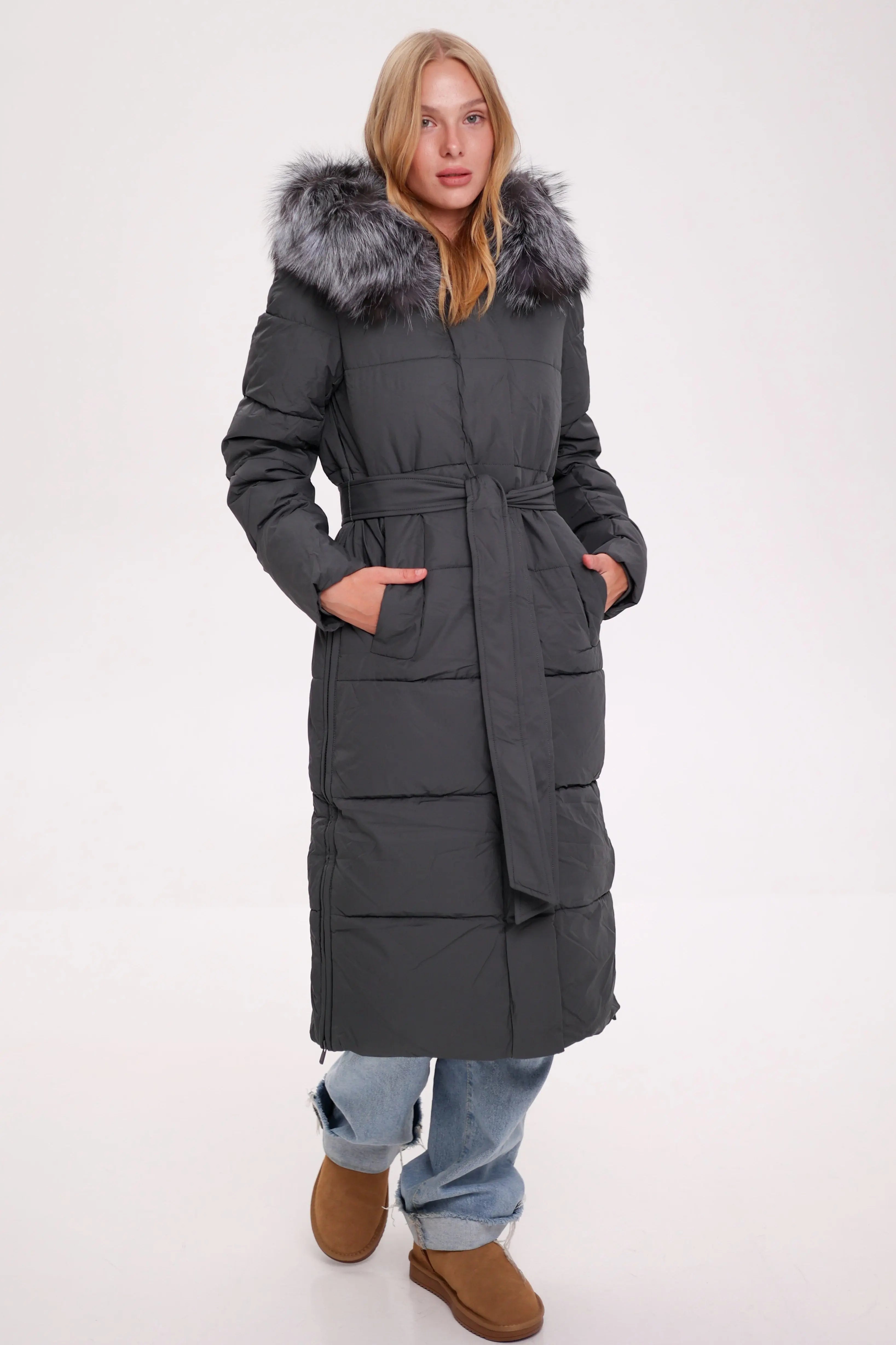 Genuine Silver Fox Belted Winter Insulated Coat Alaska® Outerwear Company