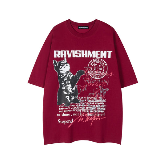 Cute Cat Letter Print Short Sleeve T-Shirt Unisex Retro Loose Casual Half Sleeve Tee Couple Top