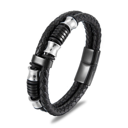 Bold Black Leather & Stainless Steel Men's Bracelet