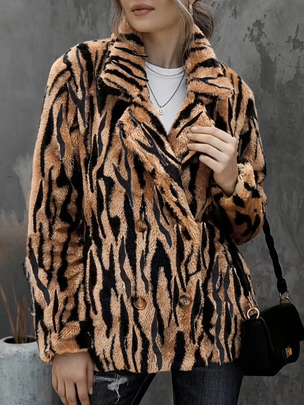Plus Size Tiger Stripe Faux Fur Double Breasted Winter Coat Trendy Attic Store01