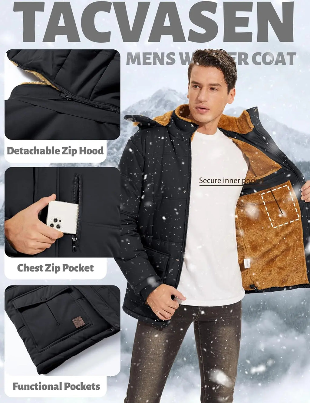 7DAY'S Men's Winter Jacket with Hood Water Repellent Windproof Thicken Parka Winter Coat 7DAY'S