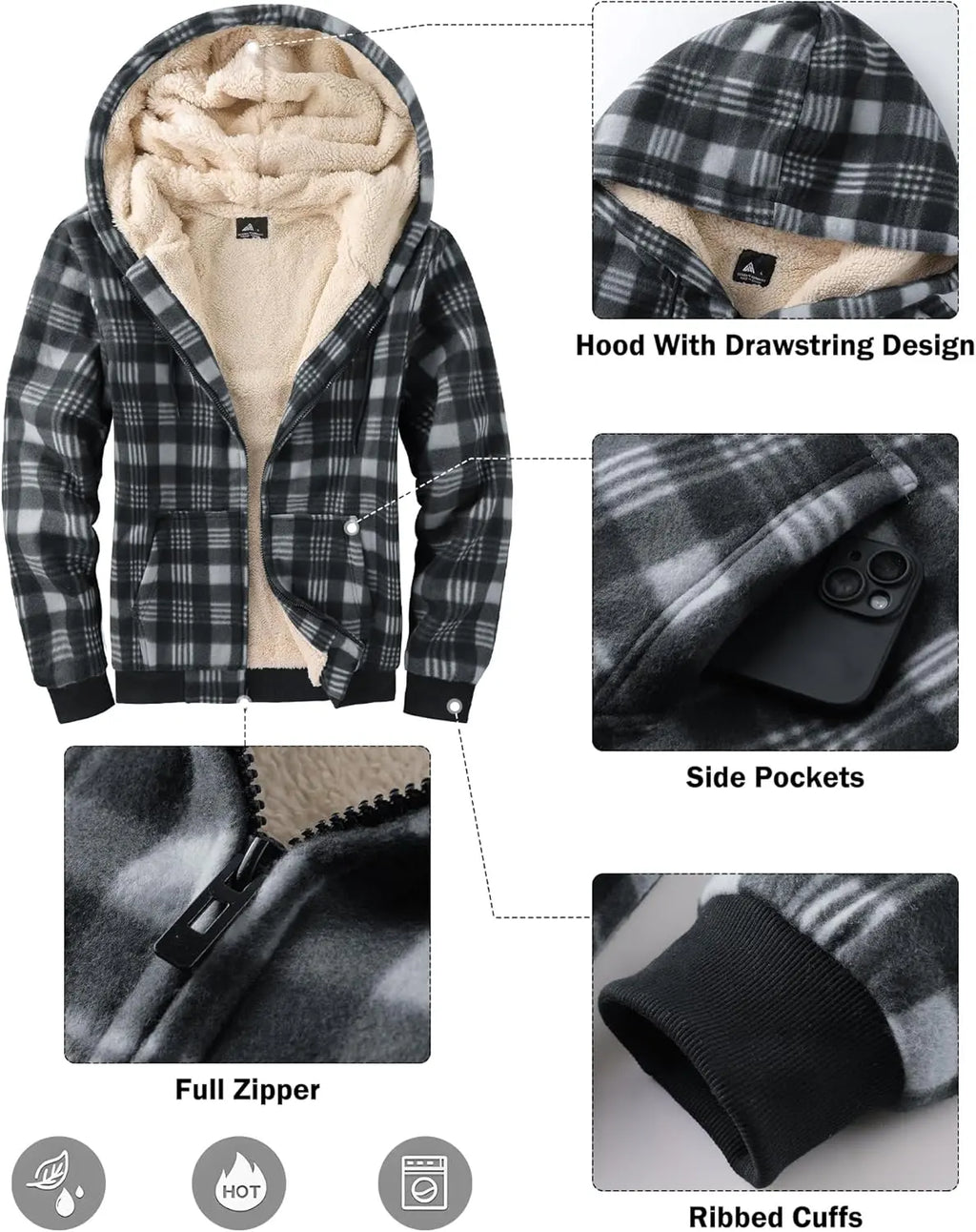 Mens Plaid Hoodies Winter Zip Up Fleece Jacket Sherpa Fleece Lined Warm Flannel Jacket Coat 7DAY'S