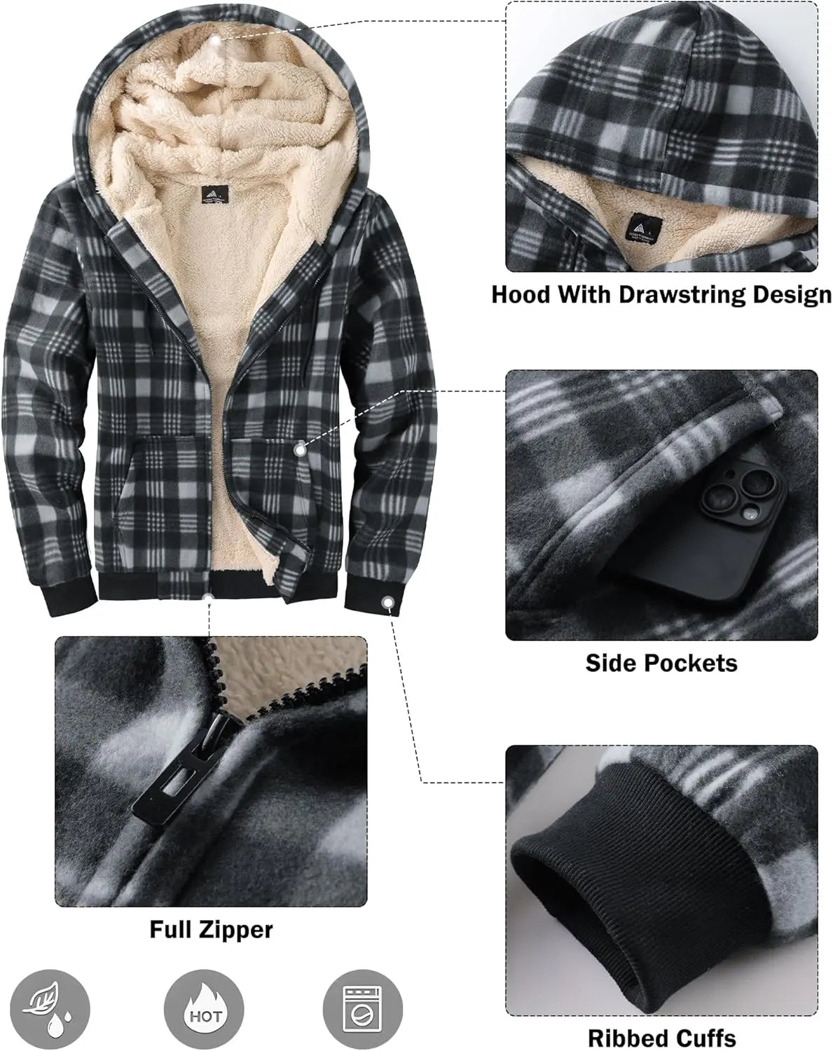 Mens Plaid Hoodies Winter Zip Up Fleece Jacket Sherpa Fleece Lined Warm Flannel Jacket Coat 7DAY'S