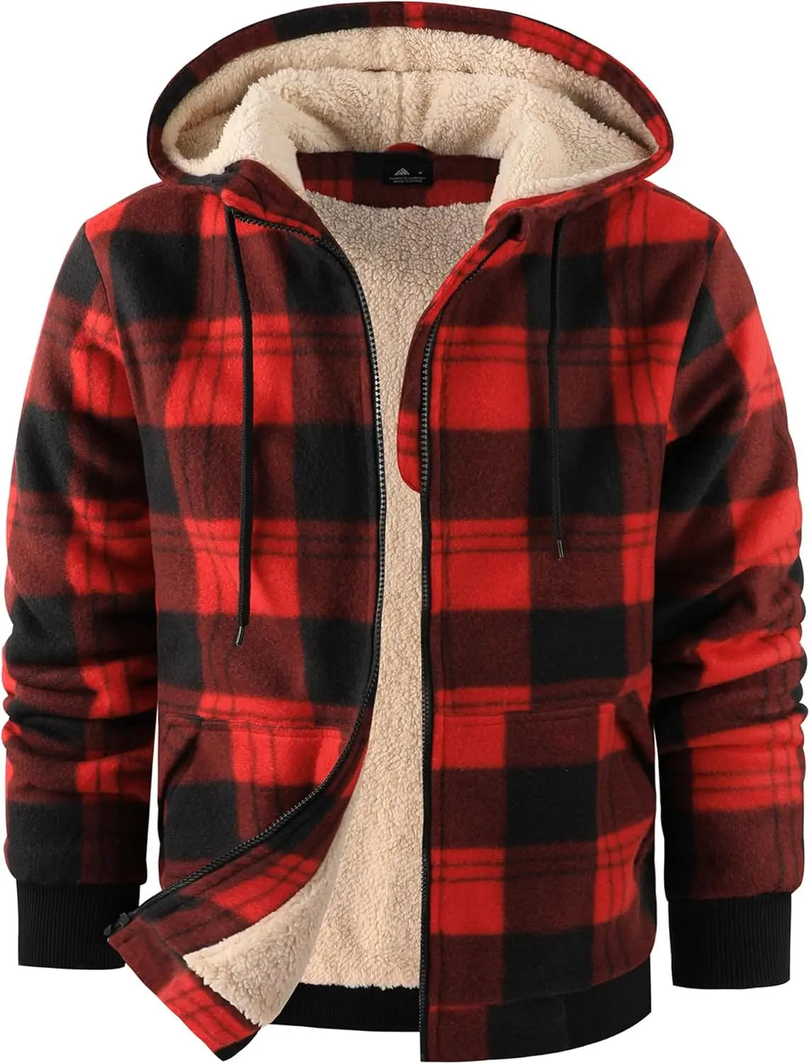 Mens Plaid Hoodies Winter Zip Up Fleece Jacket Sherpa Fleece Lined Warm Flannel Jacket Coat 7DAY'S