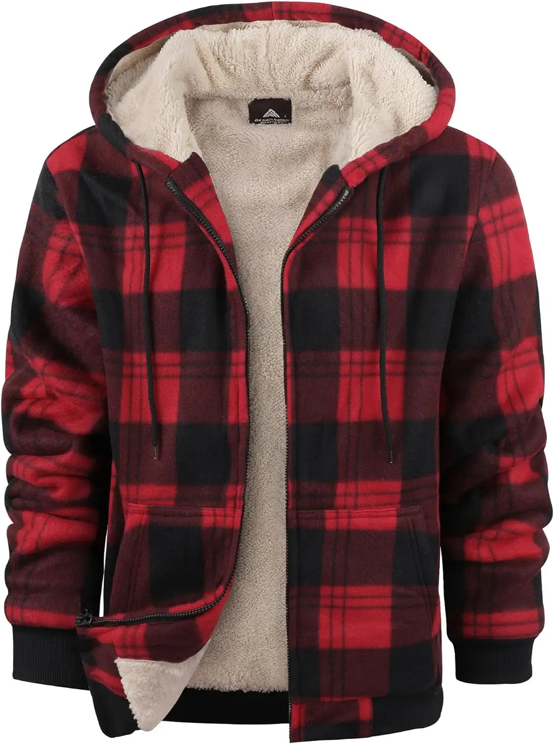 Mens Plaid Hoodies Winter Zip Up Fleece Jacket Sherpa Fleece Lined Warm Flannel Jacket Coat 7DAY'S