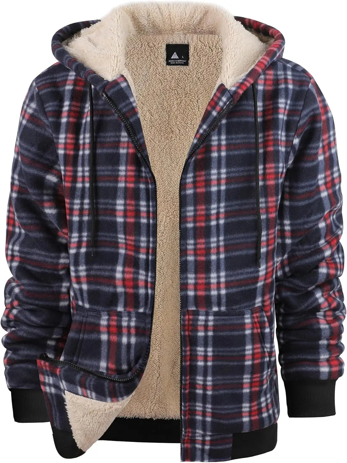 Mens Plaid Hoodies Winter Zip Up Fleece Jacket Sherpa Fleece Lined Warm Flannel Jacket Coat 7DAY'S