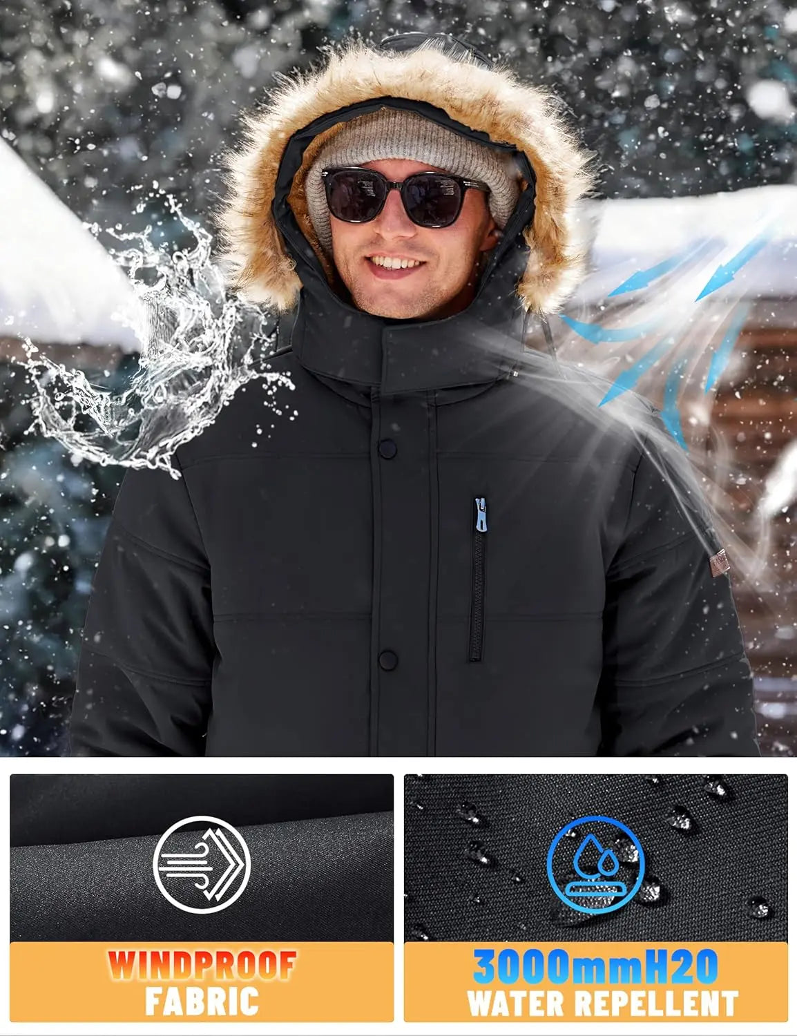 7DAY'S Men's Winter Jacket with Hood Water Repellent Windproof Thicken Parka Winter Coat 7DAY'S