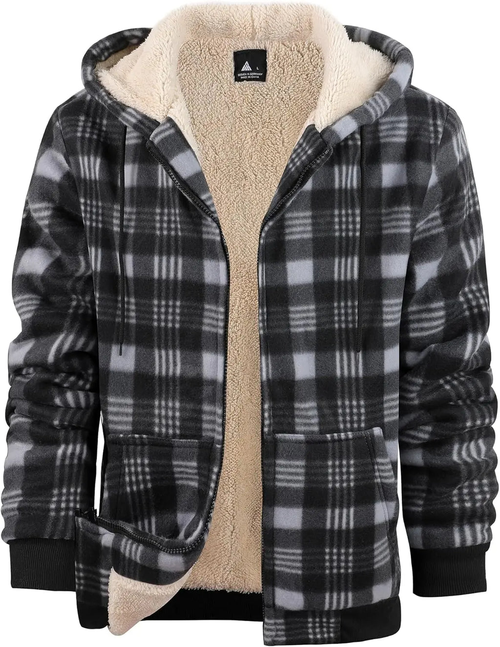 Mens Plaid Hoodies Winter Zip Up Fleece Jacket Sherpa Fleece Lined Warm Flannel Jacket Coat 7DAY'S