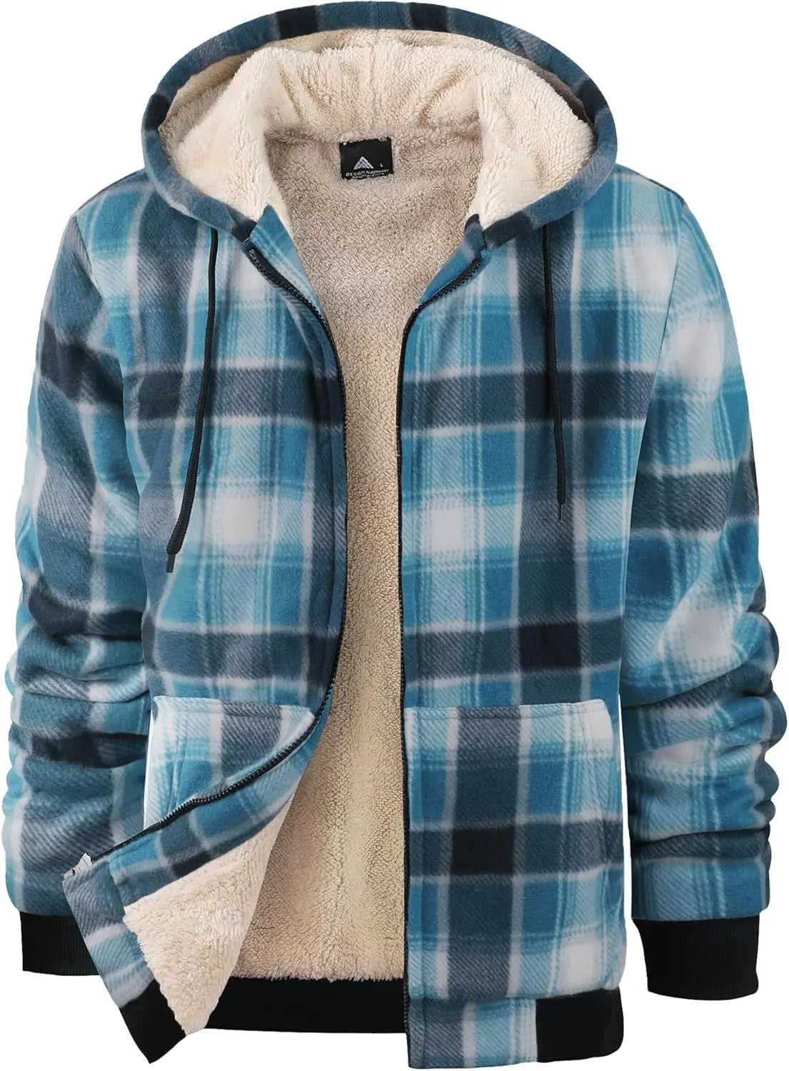 Mens Plaid Hoodies Winter Zip Up Fleece Jacket Sherpa Fleece Lined Warm Flannel Jacket Coat 7DAY'S