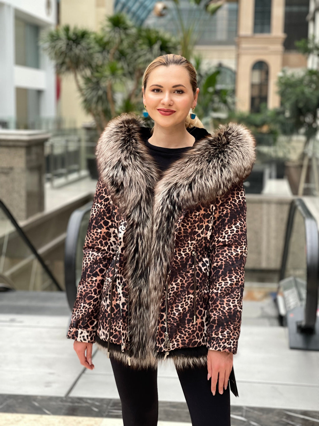 Leopard Genuine Silver Fox Fur Parka with Rabbit Fur Insulation