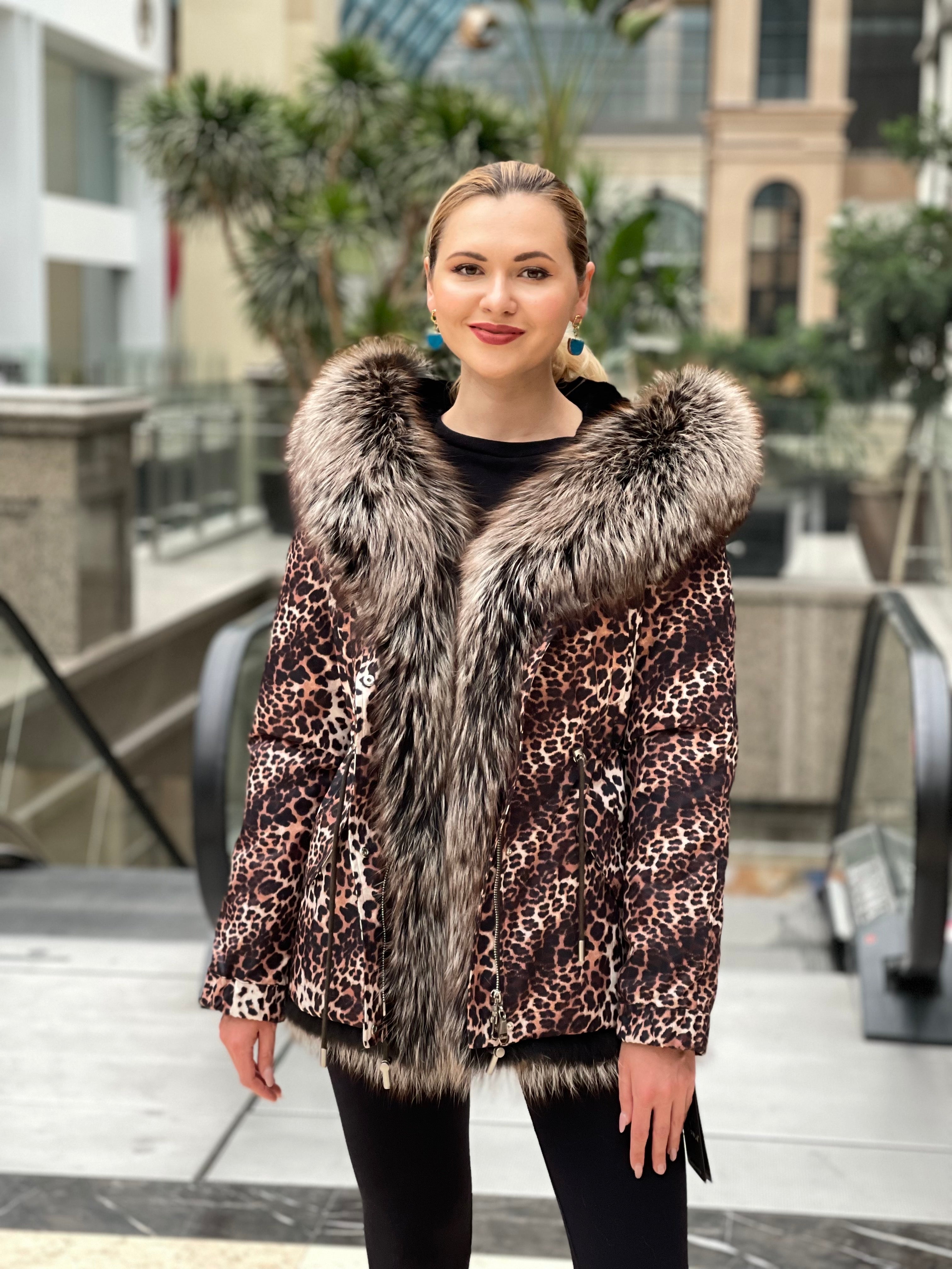 Leopard Genuine Silver Fox Fur Parka with Rabbit Fur Insulation