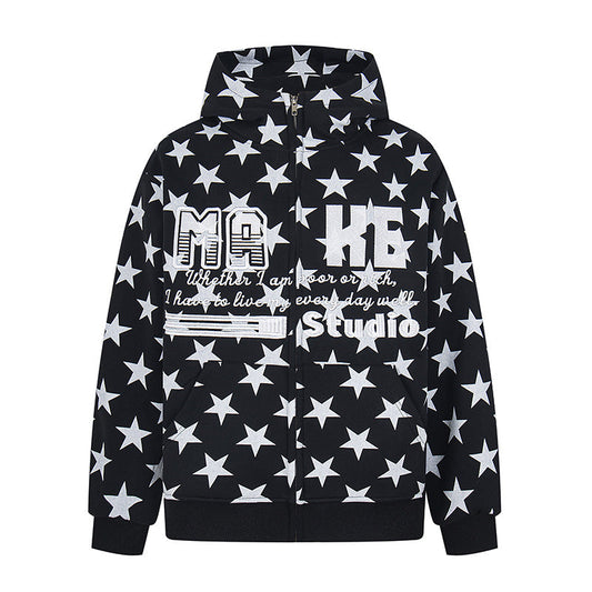 Star All-Over Print Hooded Sweatshirt Women Front Cardigan Jacket