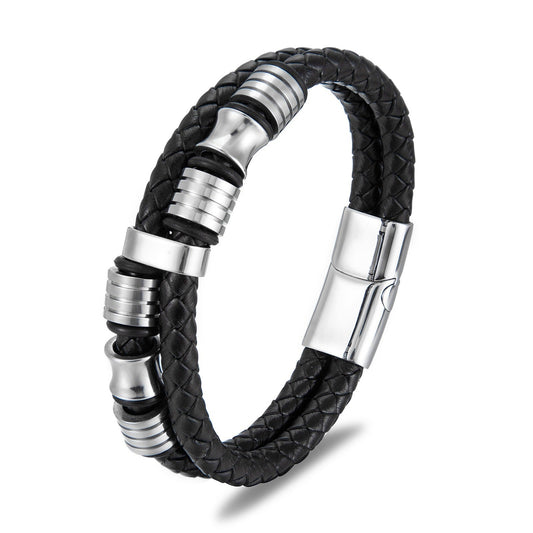 Bold Black Leather & Stainless Steel Men's Bracelet