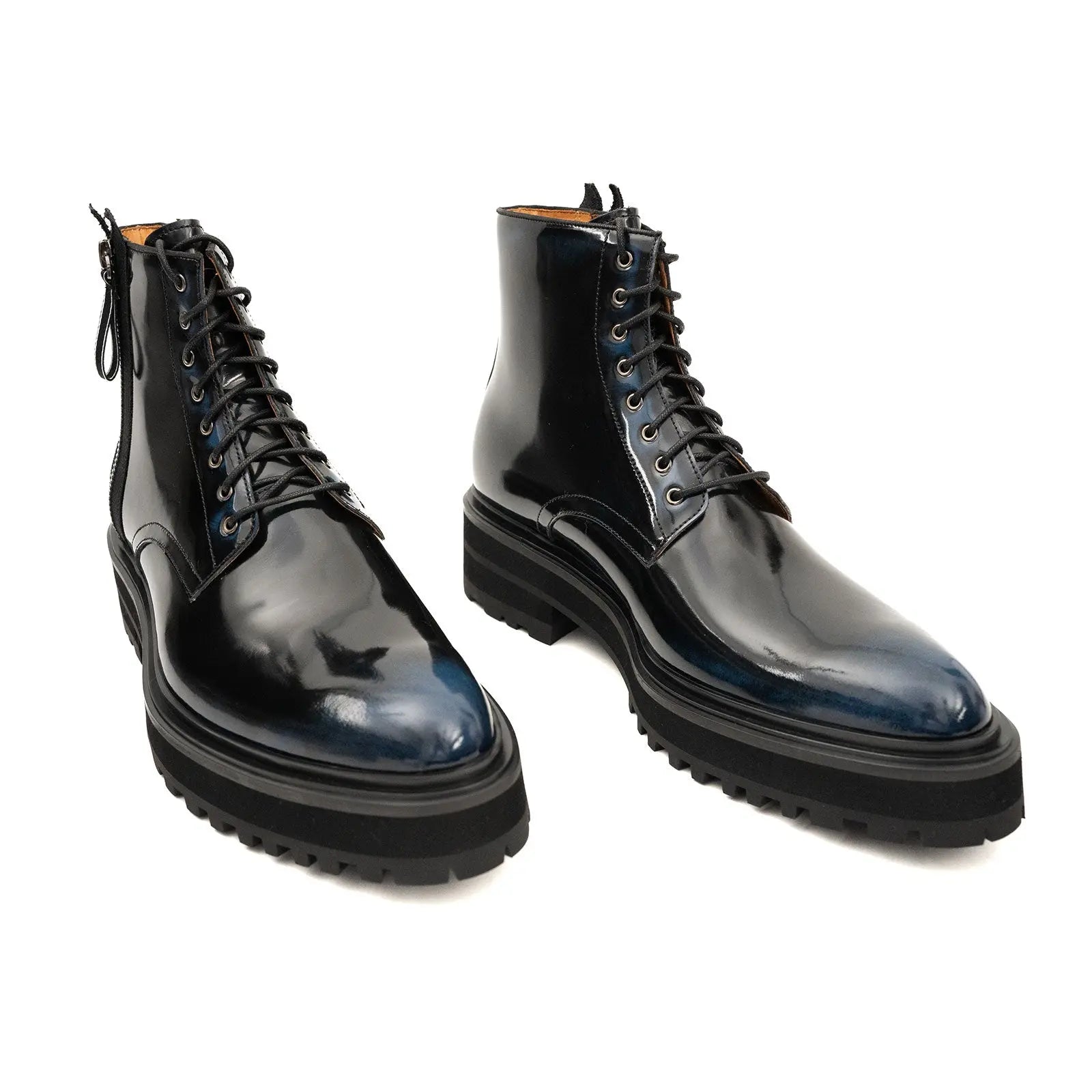 Blue Patent Side-Zip Combat Boot