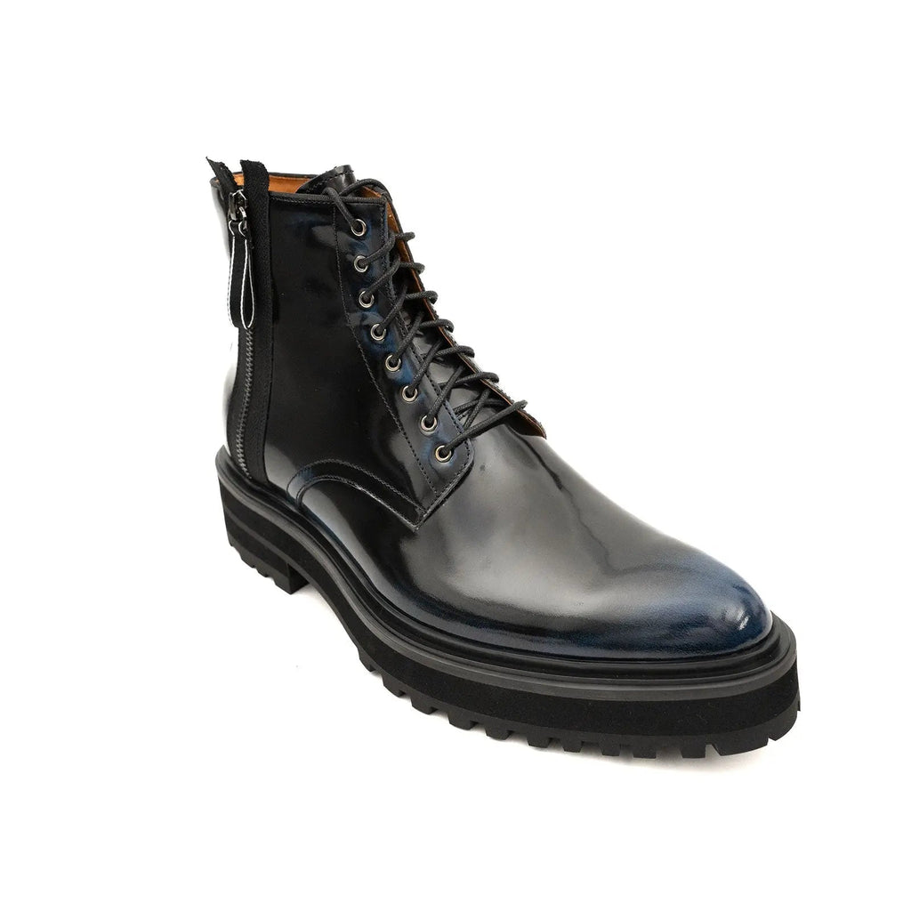Blue Patent Side-Zip Combat Boot