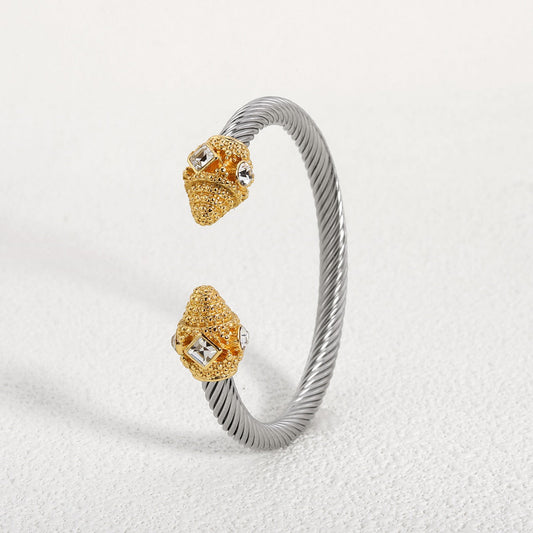 Double Headed Zircon Open Bracelet -  Titanium Steel