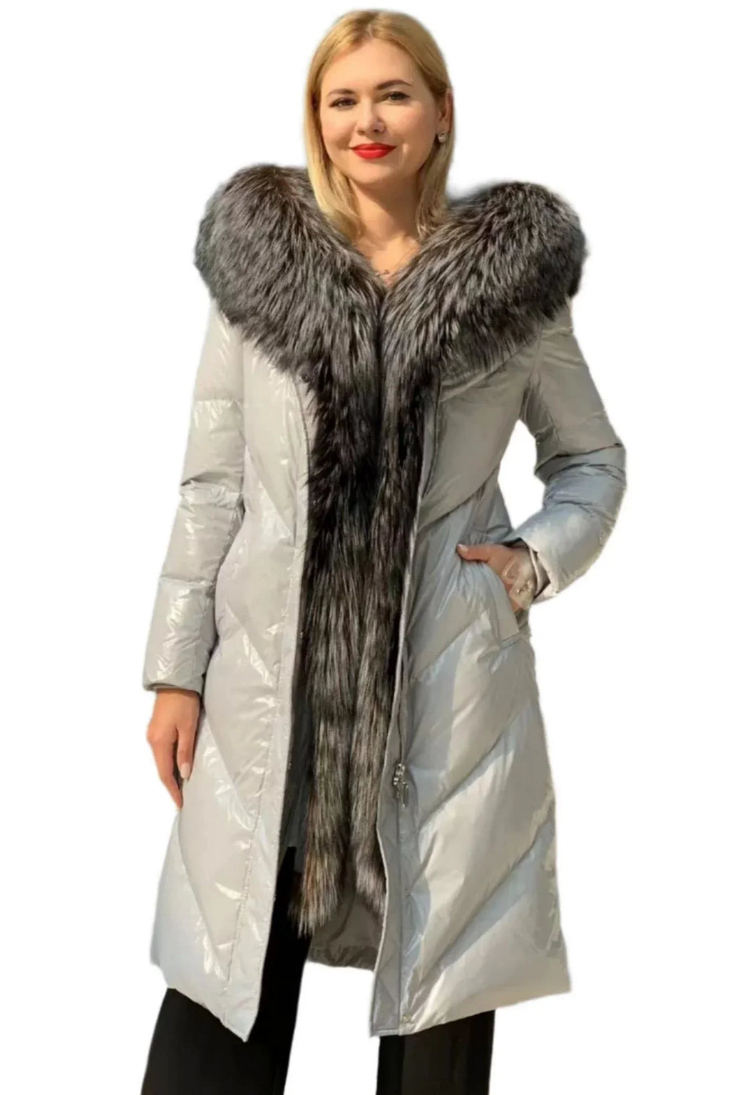 Genuine Silver Fox Fur Belted Parka Coat