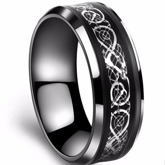 Black 316L Stainless Steel Wedding Band with Blue Carbon Fiber