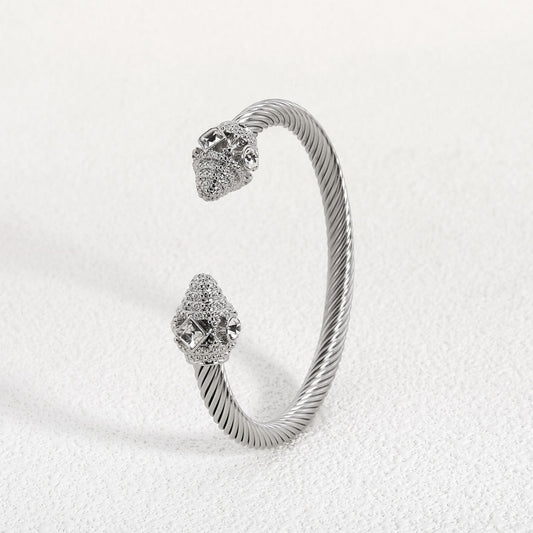 Double Headed Zircon Open Bracelet -  Titanium Steel