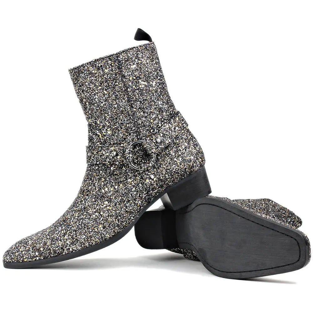 Silver Glitter Side Zipper Heel Chelsea Boots OSSTONE