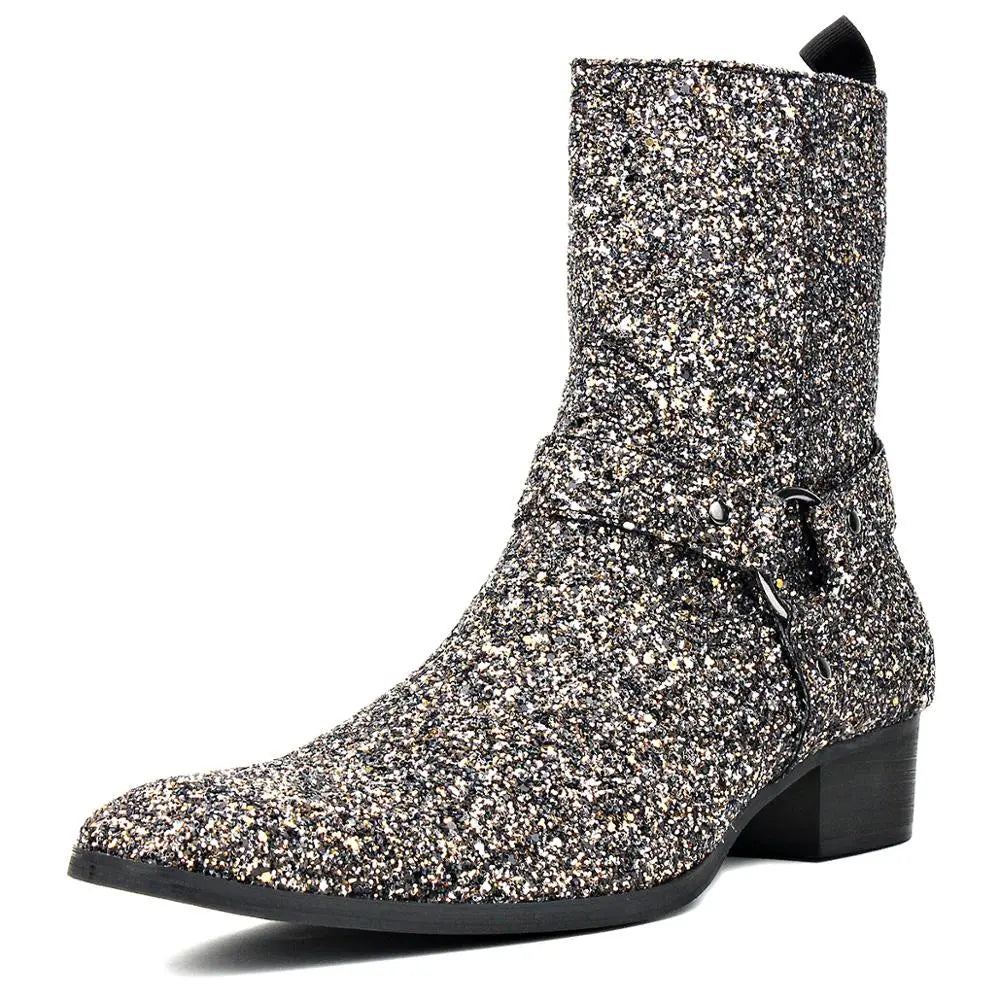 Silver Glitter Side Zipper Heel Chelsea Boots OSSTONE