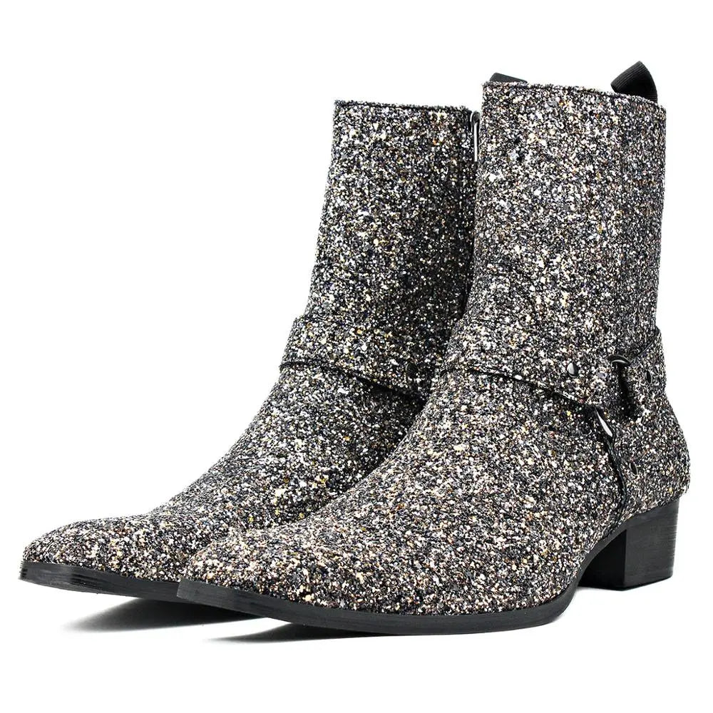 Silver Glitter Side Zipper Heel Chelsea Boots OSSTONE