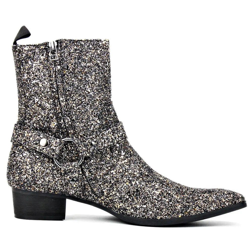 Silver Glitter Side Zipper Heel Chelsea Boots OSSTONE