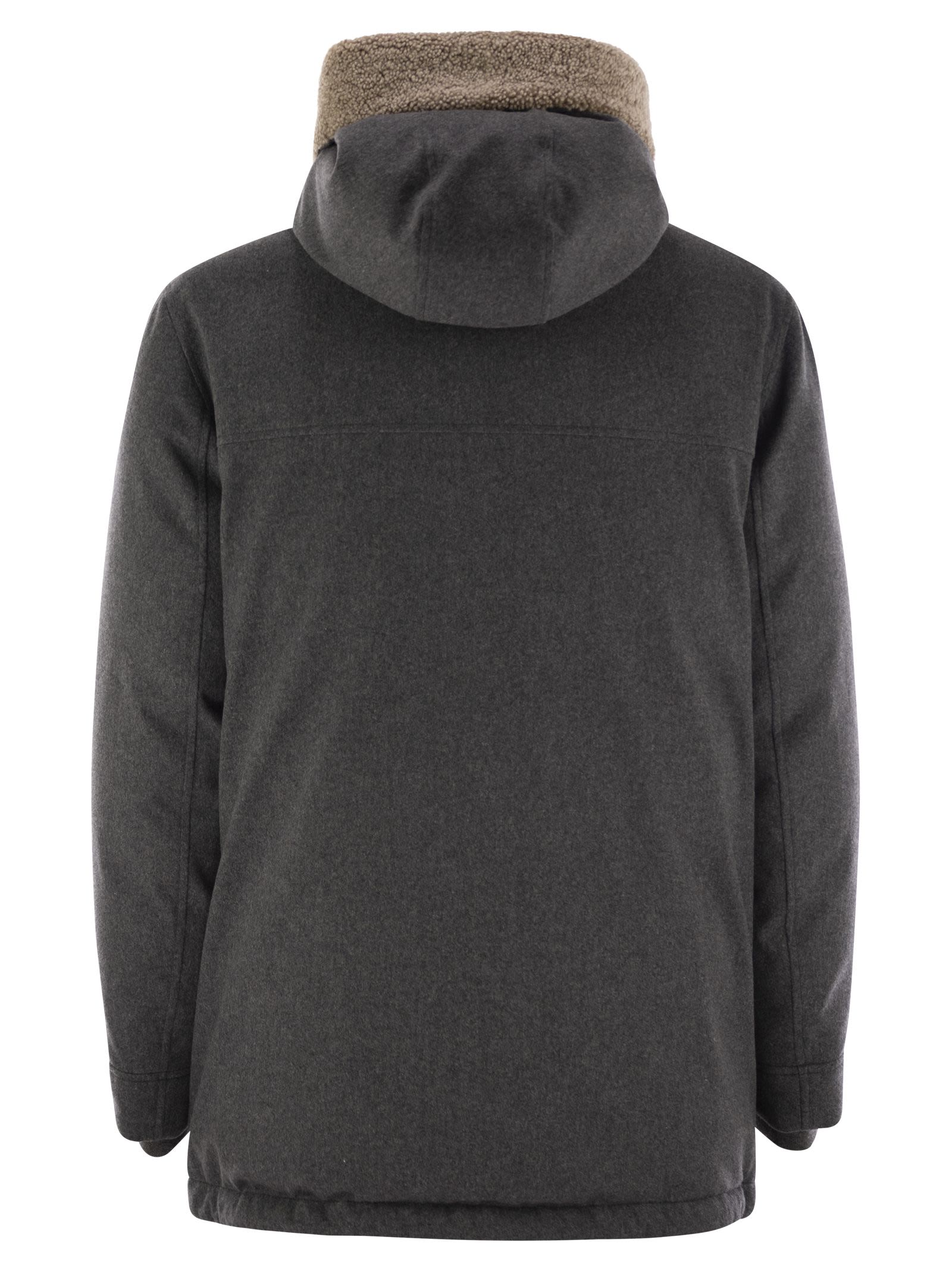 Brunello Cucinelli Men Membranated Wool Flannel Parka Down Jacket With Hood And Shearling Insert