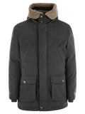 Brunello Cucinelli Men Membranated Wool Flannel Parka Down Jacket With Hood And Shearling Insert