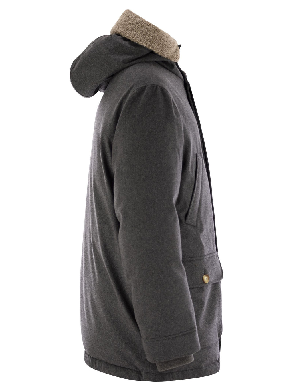 Brunello Cucinelli Men Membranated Wool Flannel Parka Down Jacket With Hood And Shearling Insert