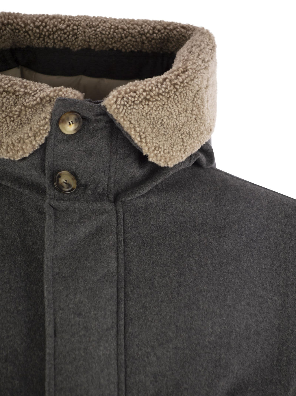 Brunello Cucinelli Men Membranated Wool Flannel Parka Down Jacket With Hood And Shearling Insert