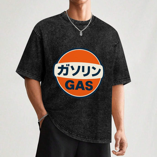 Japanese Gas Station Logo Vintage Wash Off Shoulder Tee