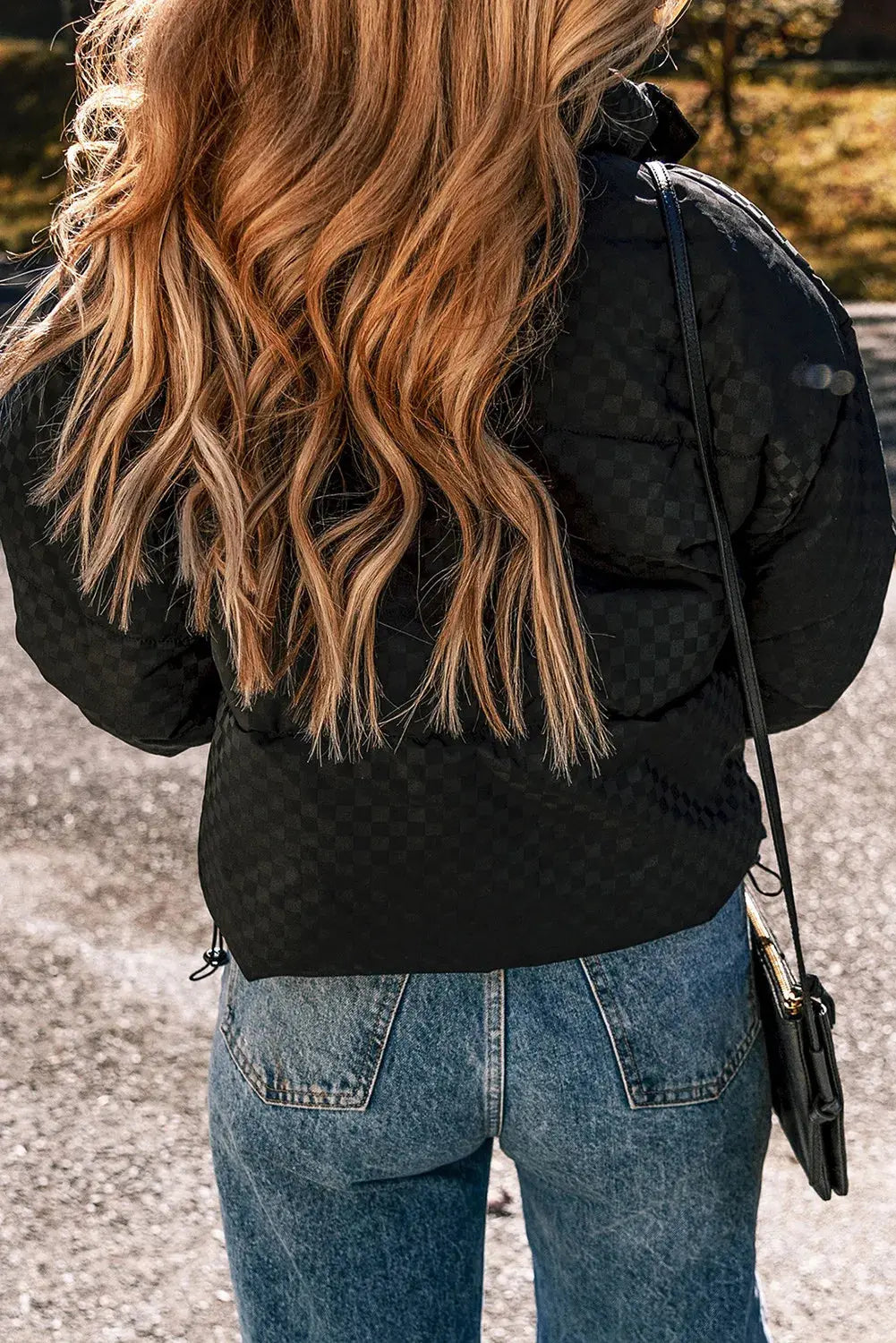 Checkered Turtleneck Zip Up Long Sleeve Winter Coat Lady Ros