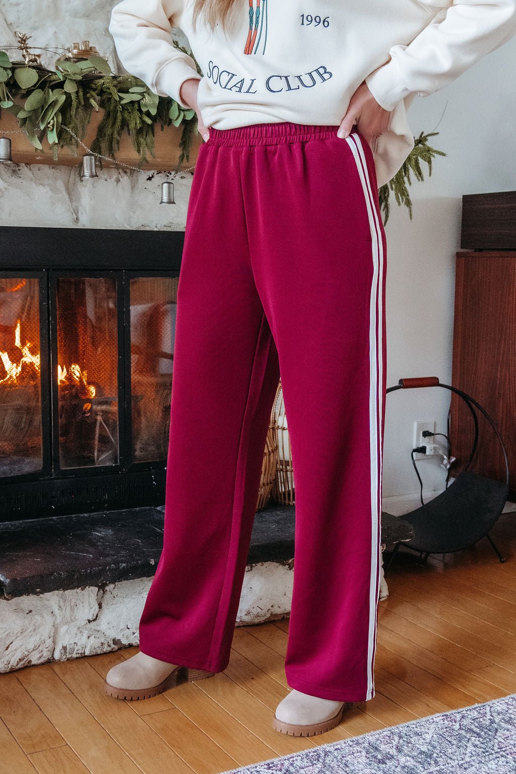 Burgundy Striped Athleisure Pants - DOORBUSTER