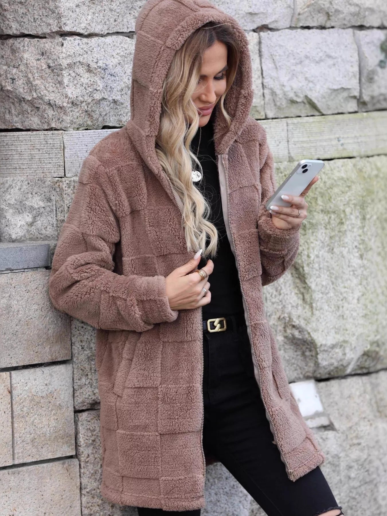 Oversized Fleece Zip Up Hooded Outerwear With Pockets