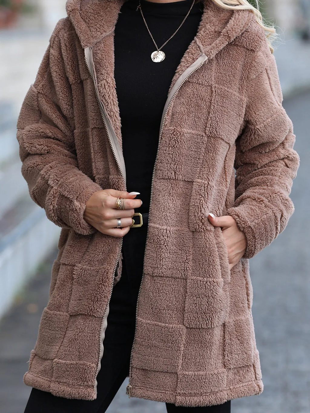 Oversized Fleece Zip Up Hooded Outerwear With Pockets