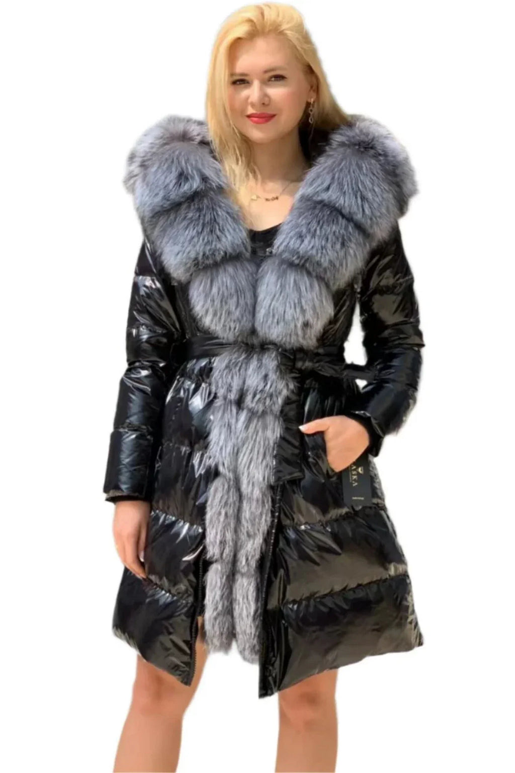 Onyx Genuine Silver Fox Down Parka 107cm